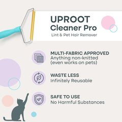 Uproot Cleaner Pro used on multi-fabric surfaces for quick pet-hair removal.