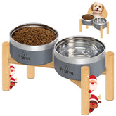 UPSKY elevated dog bowls on wooden stand with 27oz capacity for small to medium dogs.