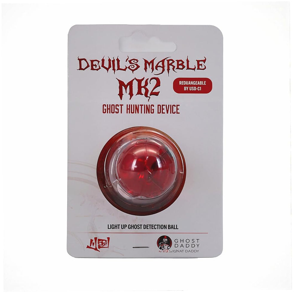 US Ghost Adventures' Devil's Marble MK2 red orb glows in darkness for night investigations.