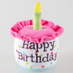 Ushang Pet birthday cake toy closeup shows embroidered Happy Birthday detail
