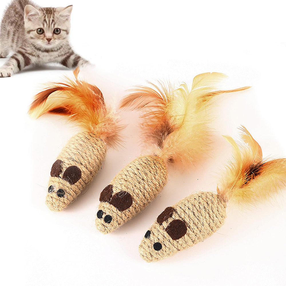 UtySty cat mouse toy with sisal and feather tail closeup promotes active play