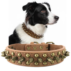 UVONOKAY spiked studded dog collar, brown side view, bronze round studs for bold style and safety.
