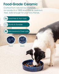 Vancasso blue bowl demonstrates non-slip base and adhesive pads for steady mealtimes.