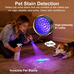 Vansky UV flashlight detects invisible stains on rugs and fabrics, revealing hidden messes.