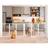 Vantas folding gate fully expanded across doorway for pet containment.