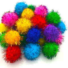 VAPKER colorful tinsel poms closeup highlights glittery texture for stimulation.