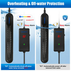 Vatalley aquarium heater features off-water protection to prevent energy waste when empty.