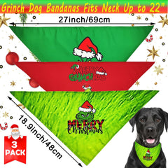 Vaudarkit grinch-pattern green bandana offers cute holiday styling for dogs and cats