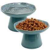 VCEPJH elevated cat bowls 2-pack blue front view for comfortable, whisker-friendly feeding at mealtimes.