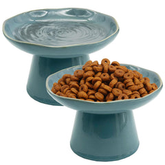 VCEPJH elevated cat bowls 2-pack blue front view for comfortable, whisker-friendly feeding at mealtimes.