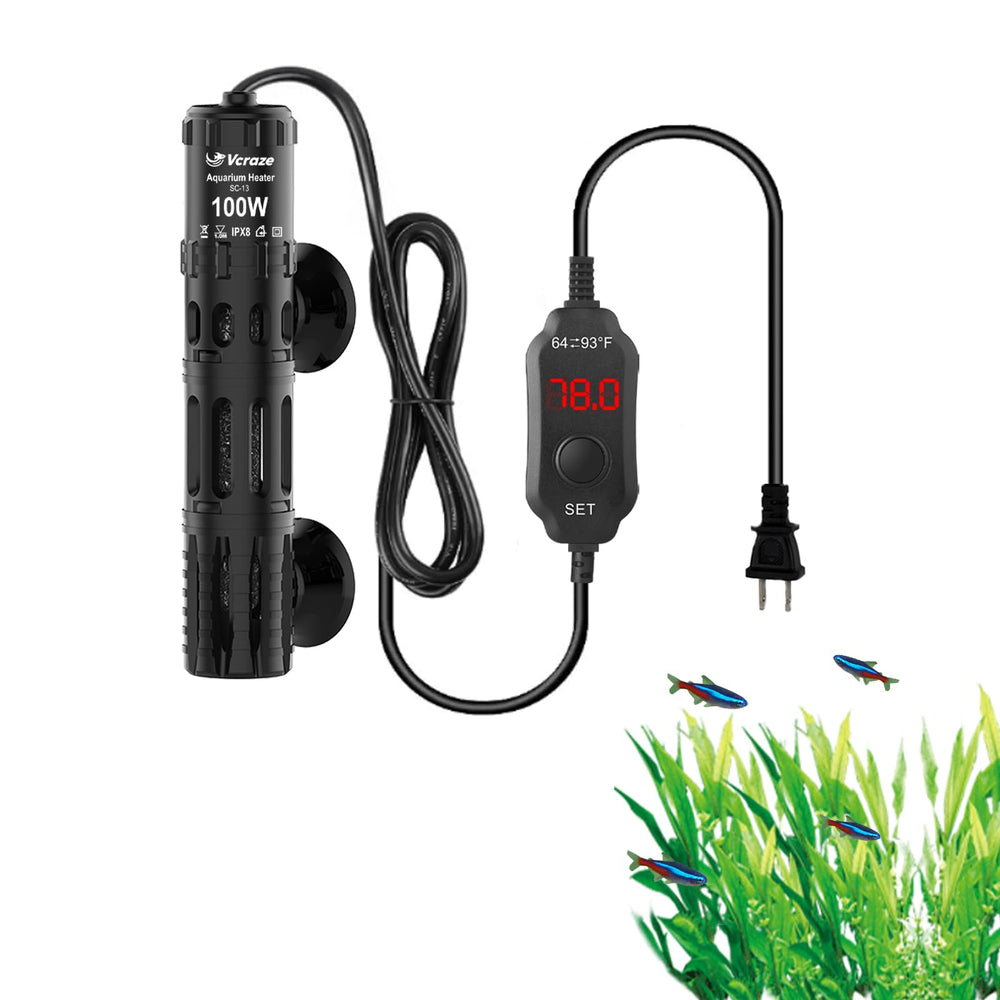 VCRAZE fish tank heater with LED display showing current and target temps