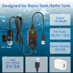 VCRAZE Mini Heater powered by 5V-2A USB for safe operation in small tanks.