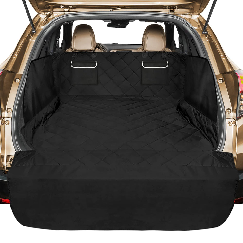 Veckle SUV Cargo Liner with side flap protects vehicle walls during dog rides.