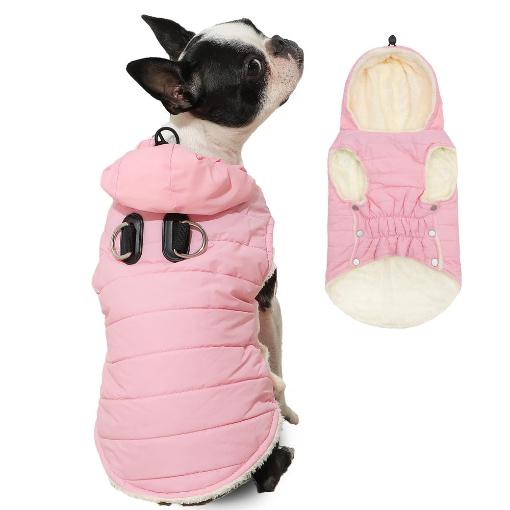 Vecomfy dog hoodie with built-in harness closeup showing sturdy chest attachment for secure walks.
