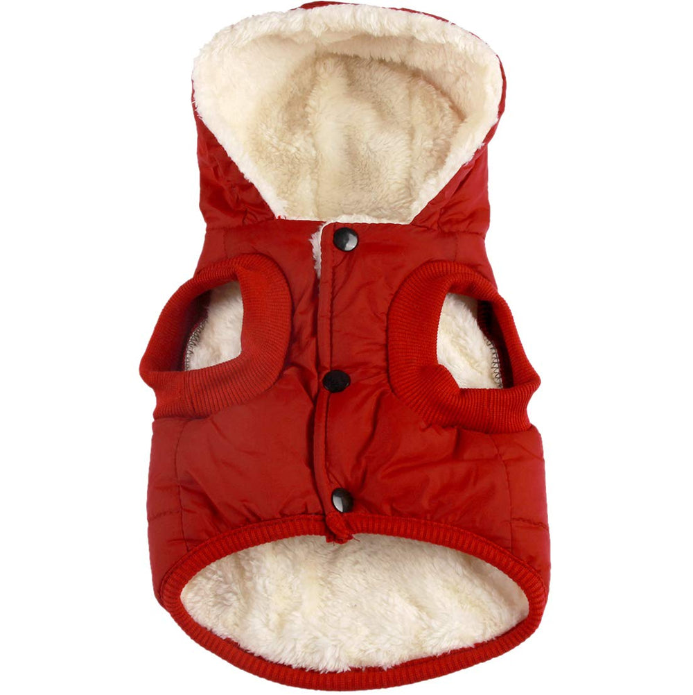 Vecomfy fleece-lined dog hoodie red, front view, keeping small dogs warm outdoors.
