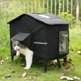 Veehoo outdoor cat house weatherproof front view highlights elevated bed for dry warmth.