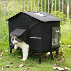Veehoo outdoor cat house weatherproof front view highlights elevated bed for dry warmth.