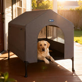 Veehoo 41inch dog house elevated bed shows raised resting for dry comfort.