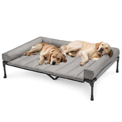 Veehoo cooling elevated dog bed highlighted outdoors, ideal for hot days and patio lounging.