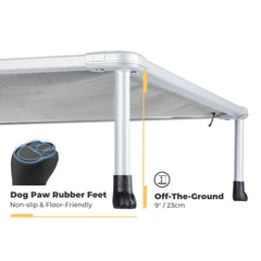 Veehoo cooling raised pet cot demonstrates breathable mesh for cooler resting surfaces