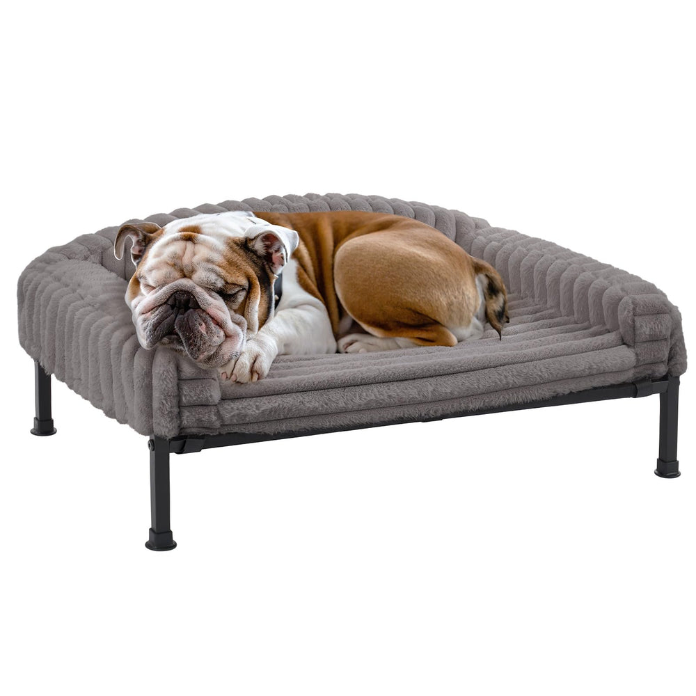 Veehoo elevated dog bed grey side view, showcasing stable non-slip feet for indoor use.