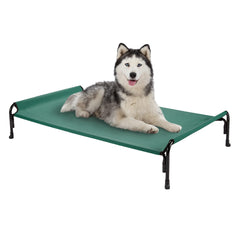 Veehoo elevated dog bed outdoor setup with large frame and breathable surface.