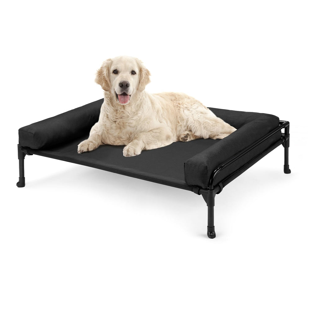 Veehoo elevated dog bed outdoors shows sturdy frame for cooling comfort.