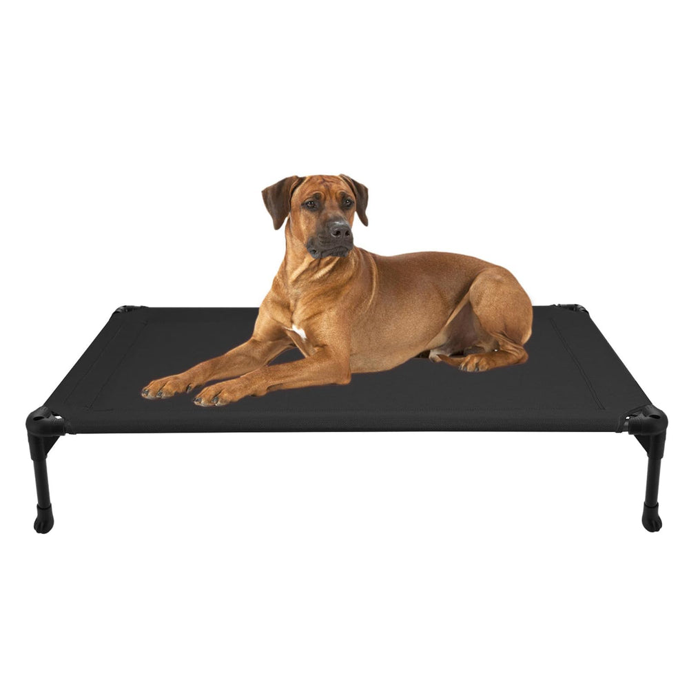 Veehoo outdoor elevated dog bed top view shows roomy 42x30 frame for large dogs.