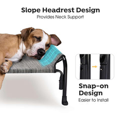 Veehoo outdoor elevated dog bed slope headrest aids neck comfort while resting.