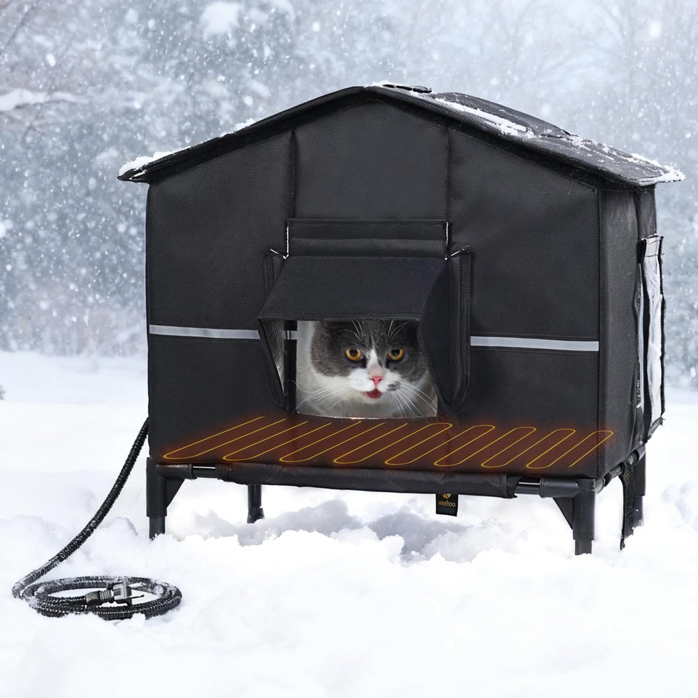 Veehoo Outdoor Heated Cat House elevated bed keeps cats dry and warm off the ground