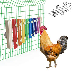 Vehomy chicken xylophone toy wood base with metal keys stimulating hens' curiosity and pecking.