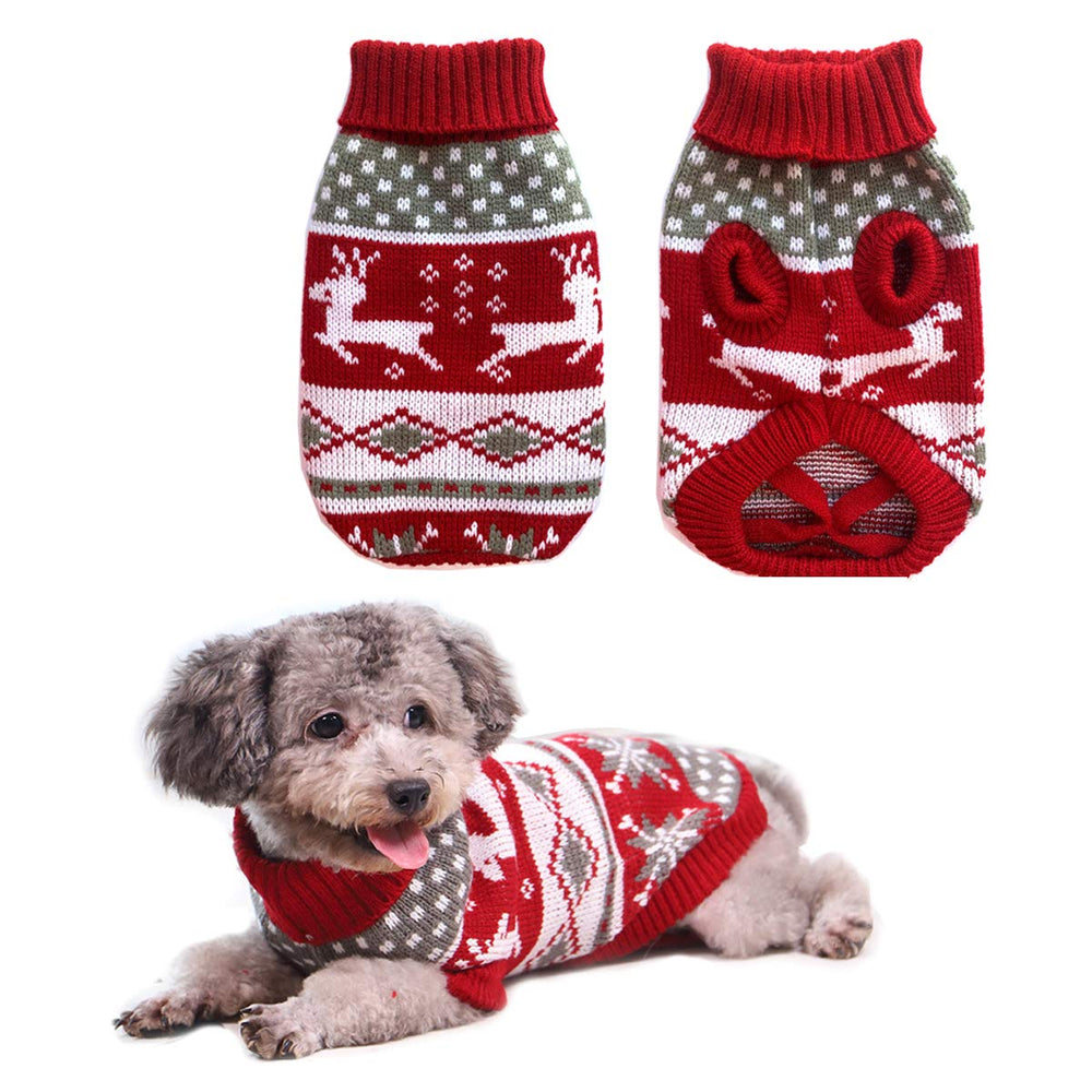 Vehomy dog Christmas sweater with red reindeer pattern offering cozy warmth for festive walks