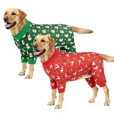 Vehomy dog pajamas with snowman pattern keep dogs cozy for winter photos.