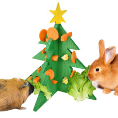 Vehomy rabbit foraging tree toy closeup highlighting safe pine wood and enrichment.