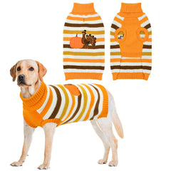Vehomy Thanksgiving dog sweater front view showcases pumpkin-turkey motif for festive photos.