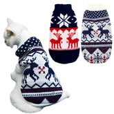 Vehomy two-pack pet sweaters in navy blue and white with festive reindeer pattern.