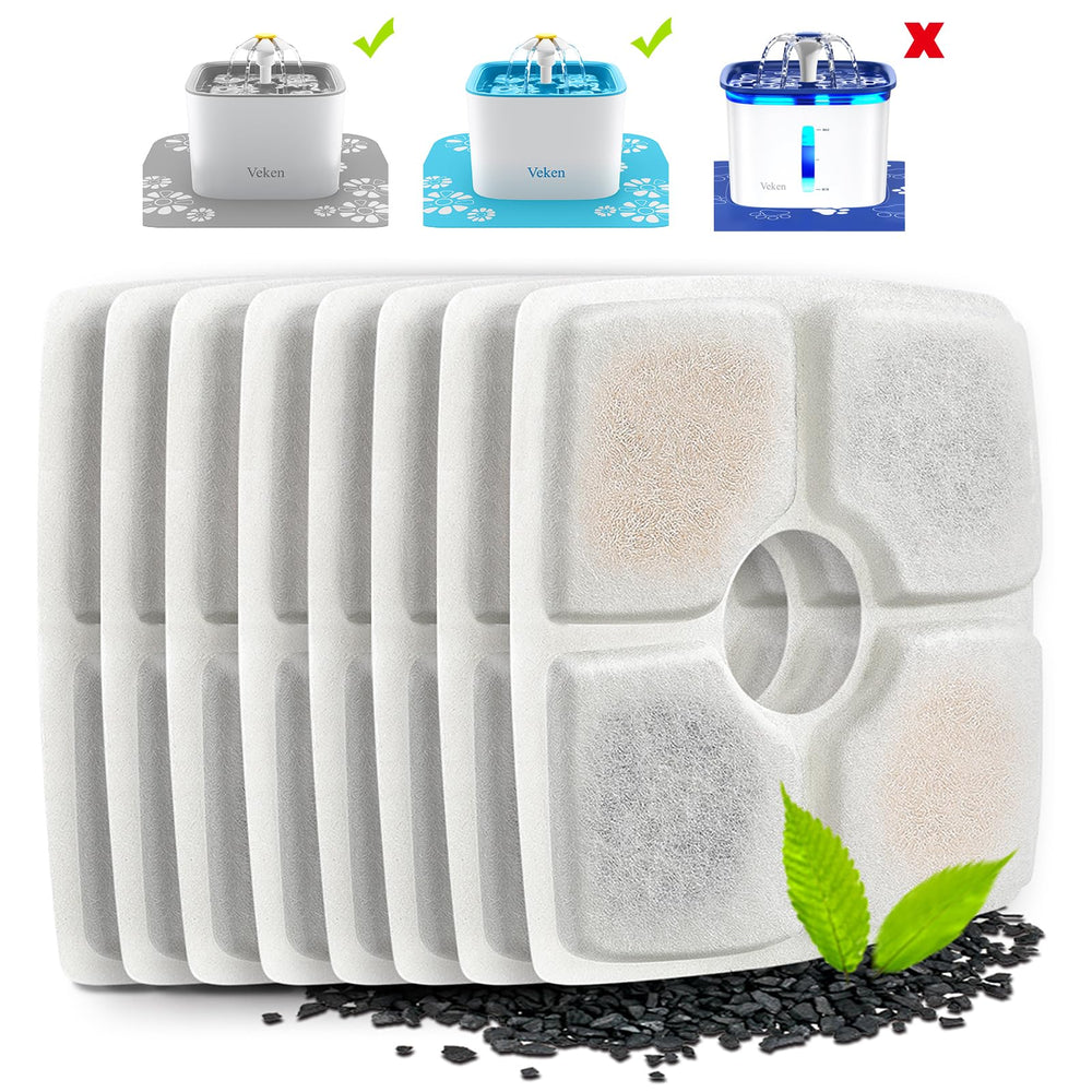 Veken 8-pack replacement filters for 84oz fountain, ready for quick setup and steady hydration.