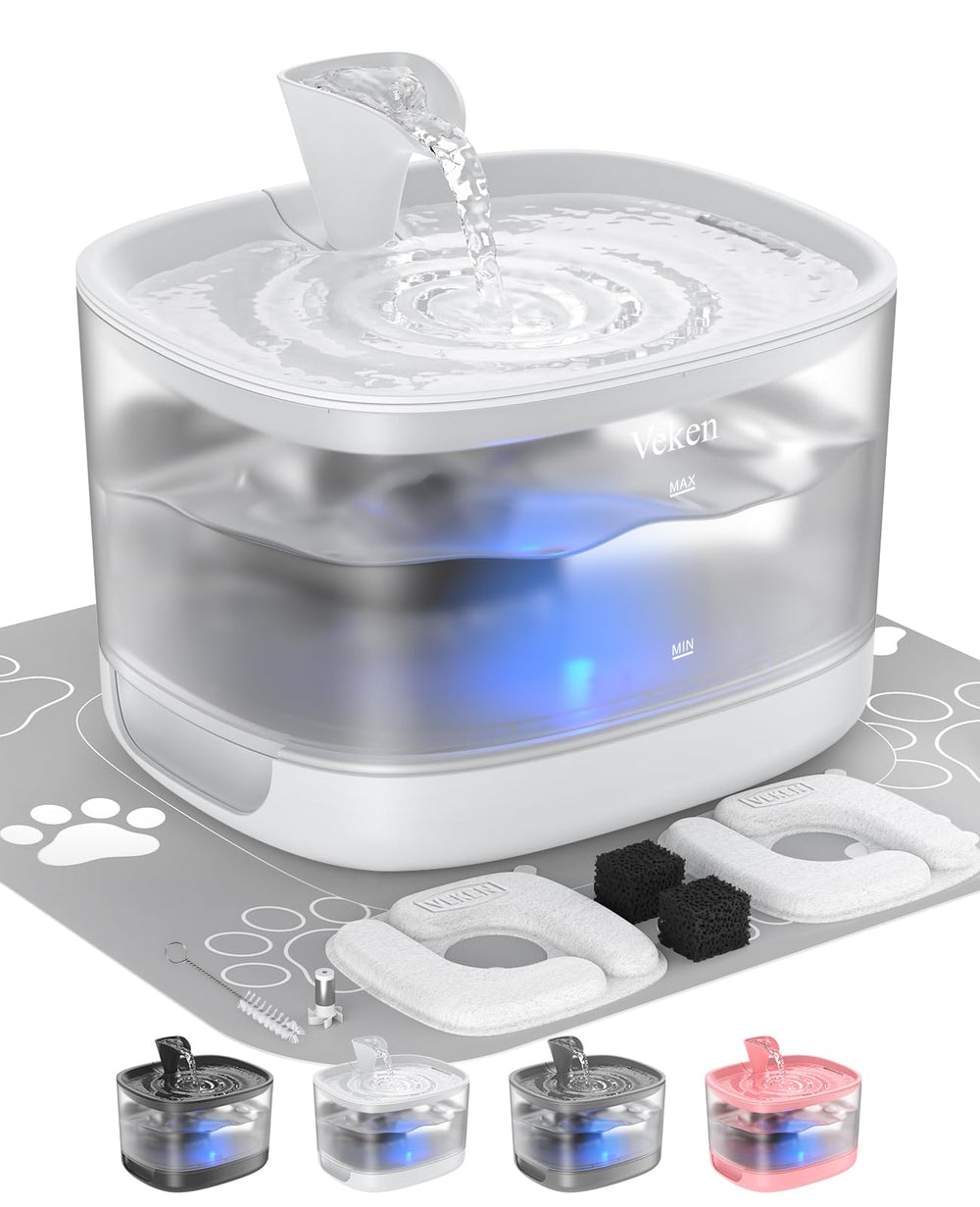 Veken cat water fountain with detachable tank for easy cleaning and refilling.