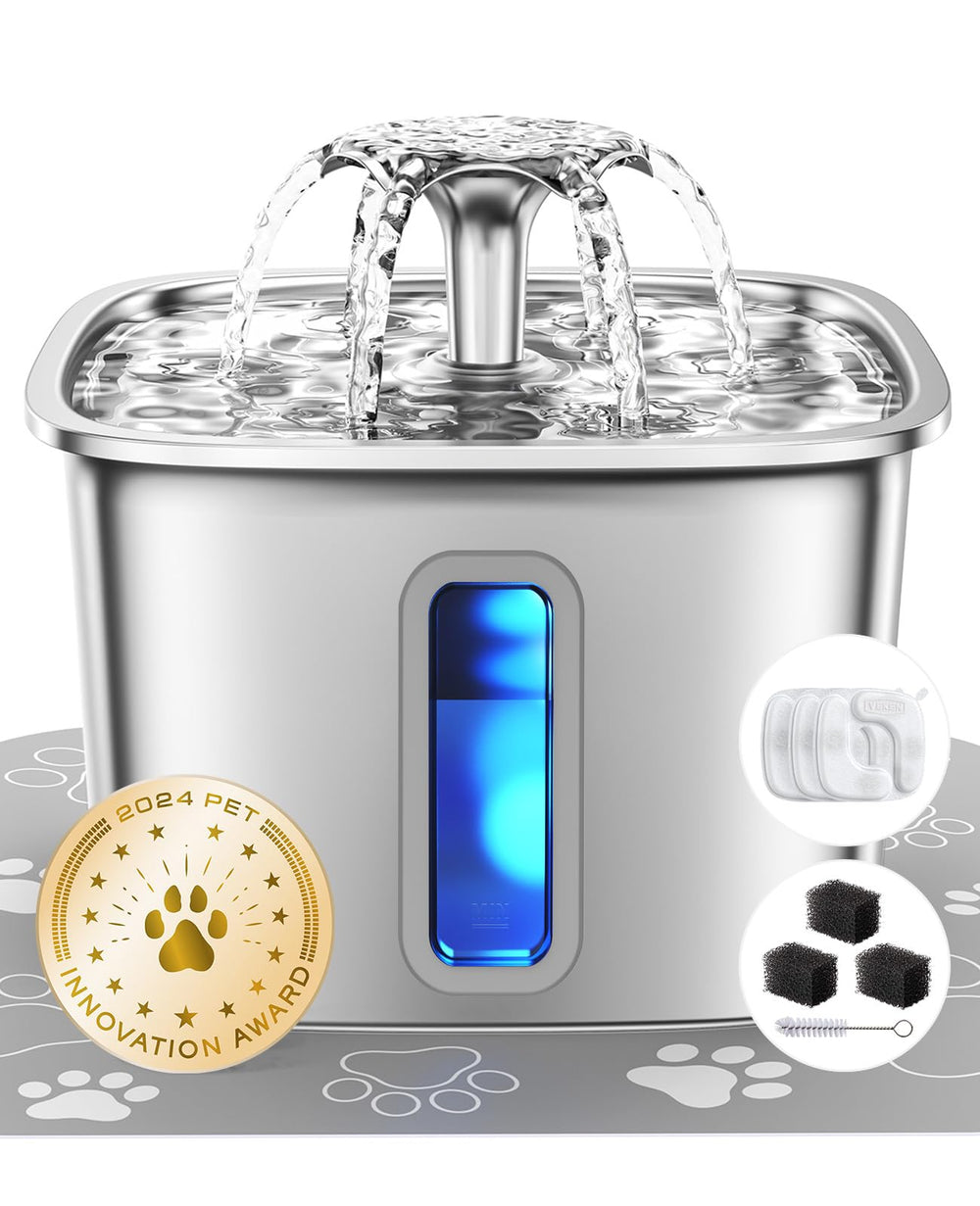 Veken cat water fountain front-angle shows durable stainless steel hydration