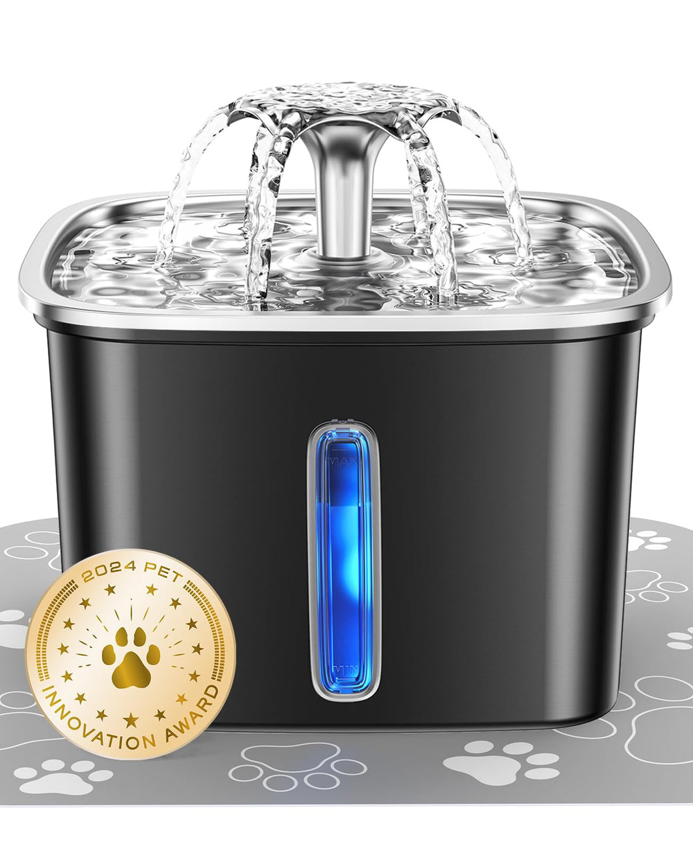 Veken stainless steel cat fountain top view highlights hygienic hydration for pets.