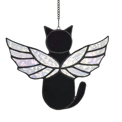 Velasyart angel rainbow wing cat suncatcher in window glow, creating warm glow for cozy spaces.