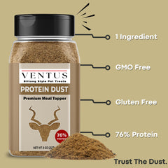 Ventus Venison Topper jar close-up highlights pure venison jerky powder for sensitive dogs.