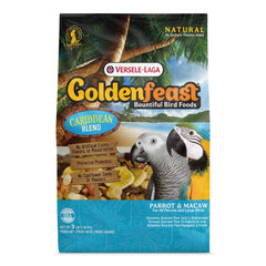 Versele-Laga Goldenfeast Caribbean Blend bag label, premium parrot nutrition for enrichment.