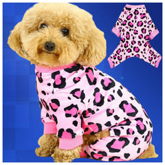 Vet-Approved dog Christmas pajamas onesie pink stretchy fabric for easy on-off wearing.