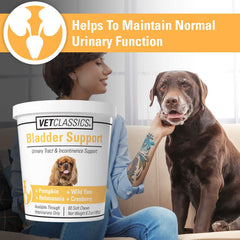 Vet Classics bladder-support tablets close-up highlights incontinence support for dogs