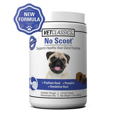 Vet Classics No Scoot soft chews in a bowl support bowel health and anal gland function.