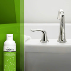 Vet One dog allergy shampoo rinsing-water image highlights quick, thorough rinse