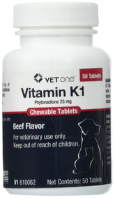 Vet One Vitamin K1 chewable tablets beef-flavored packaging for easy administration.