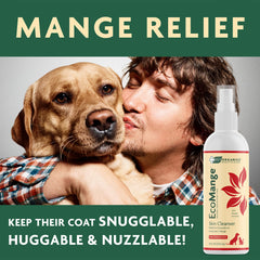 Vet Organics EcoMange area spray shows targeted mange relief on affected skin.