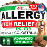 Vet Promise dog allergy relief chews bottle showing omega-3 and immune-supporting ingredients.